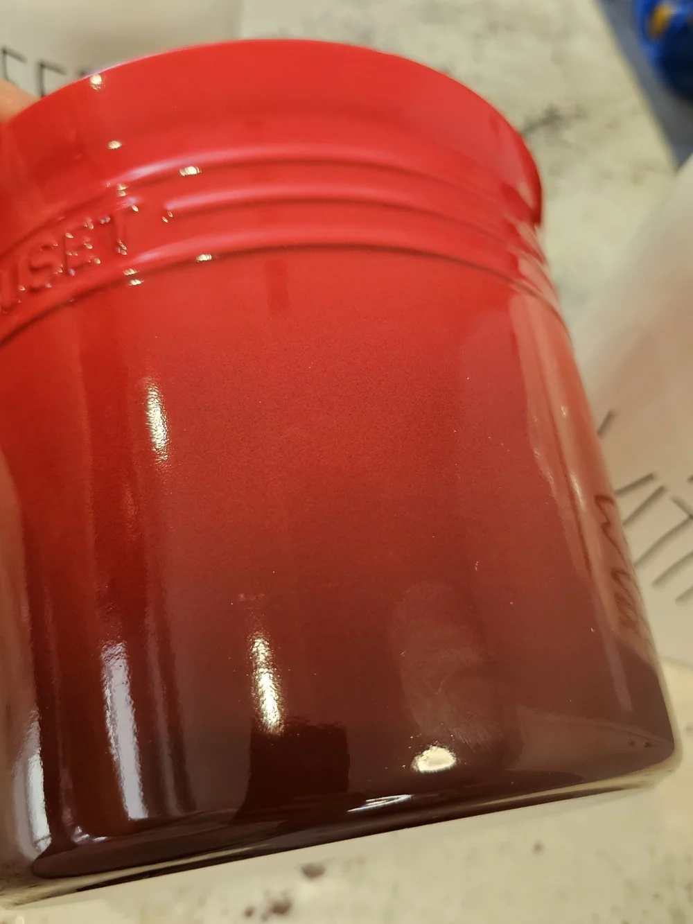 Le Creuset Cherry Red Ombre Stoneware Utrnsil Crock Canister Kitchen Organize